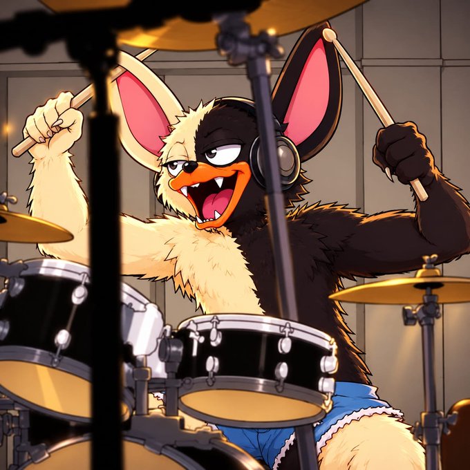 An animated anthropomorphic furry character with bat-like ears and a fanged grin intensely plays a drum set, mouth wide open mid-performance. The energetic drumming image serves as an attention-grabbing visual hook for a cryptocurrency promotional post advertising a "$BORO" token giveaway and airdrop campaign.