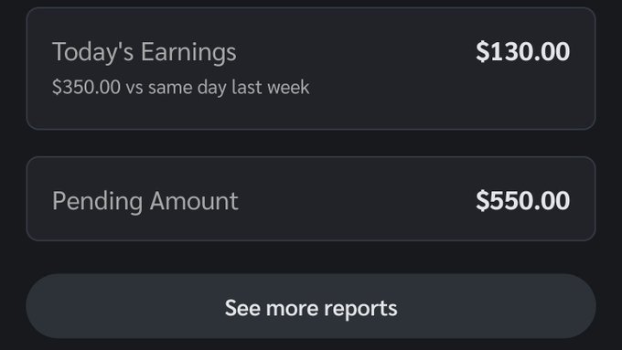 The image displays an earnings dashboard showing $130.00 in Today's Earnings (down from $350.00 the same day last week) and a $550.00 Pending Amount, with a "See more reports" button below. It appears to be a screenshot supporting the creator's claim of earning $550 through the Base App Creator Program, illustrating their referral/trading rewards payout.