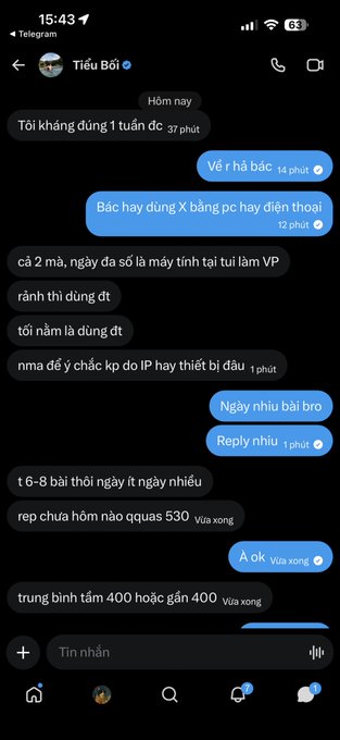 A dark-themed Telegram chat screenshot in Vietnamese between users "Tiếu Bối" and another contact, with messages timestamped showing conversation at 15:43.