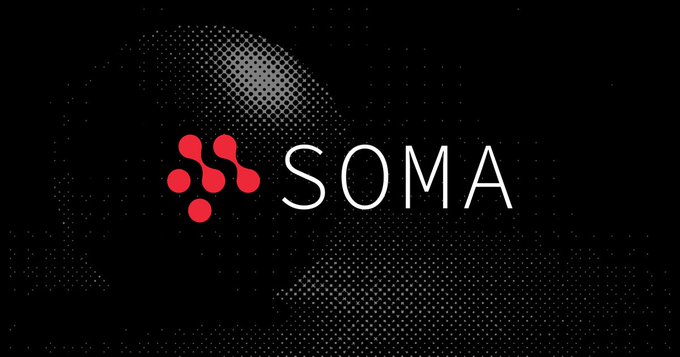 A sleek black background features a dotted sphere graphic alongside the "SOMA" logo with a red interconnected nodes icon, representing the SOMA subnet's role in compressing AI agent context on the Bittensor network to reduce token waste and lower inference costs.