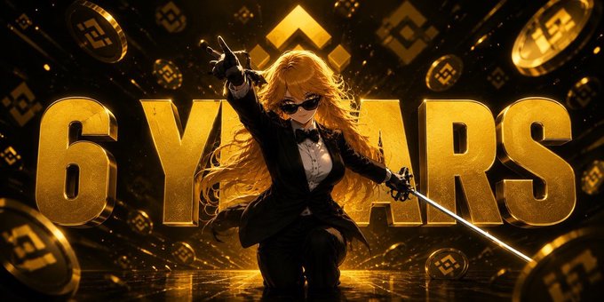 An anime-style golden-haired female character in a black suit with sunglasses holds a sword in a dramatic pose against a backdrop featuring Binance logos and large golden "6 YEARS" text.