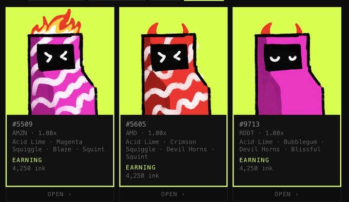 Three digital collectibles from "The Machines" are displayed on a lime-green background, each featuring a playful monster-like character with horns and emoticon faces. The cards are titled #5509 (AMZN - 1.00x, showing a pink "Squiggle" with flames, tagged "Earning"), #5605 (AMD - 1.00x, a red "Squiggle" with Devil Horns, tagged "Earning"), and #9713 (RDT - 1.00x, a magenta "Blissful" with Devil Horns, tagged "Earning"), all priced at 4,250 ink—with the "Earning" status aligning with the post's mention of machines earning.