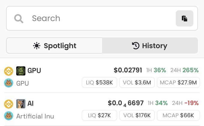 A cryptocurrency tracking interface shows a search bar with "Spotlight" and "History" toggle options, displaying price data for GPU ($0.02791, up 36% in 1H, 265% in 24H) and AI ($0.046697, up 34% in 1H, down 19% in 24H) tokens, with corresponding stats like liquidity, volume, and market cap. The image illustrates the two meme tokens ($GPU and $AI) that the post describes as a "hot trend" pair, visualizing their dramatic price movements and trading metrics.