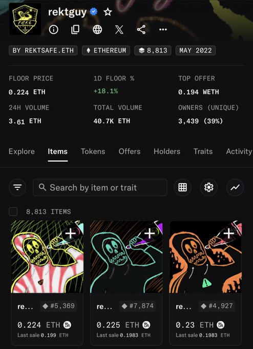 An OpenSea collection page for 'rektguy' NFT collection by REKTSAFE.ETH on Ethereum, showing 8,813 items from May 2022, with a floor price of 0.224 ETH, 3.61 ETH 24h volume, and several neon-style rektguy items listed.