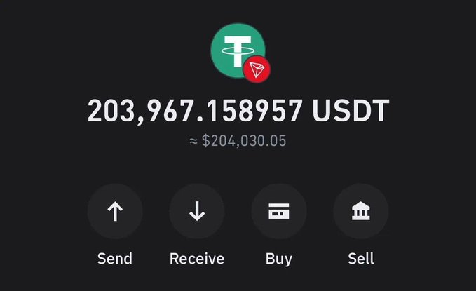 A cryptocurrency wallet interface displays a balance of '203,967.158957 USDT' (approximately $204,030.05) with Tether and TRON logos, along with Send, Receive, Buy, and Sell options.