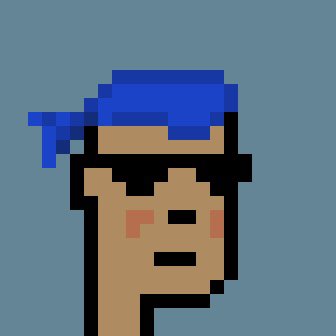 Pixel art portrait of a character with bright blue hair and red cheeks against a light blue background.