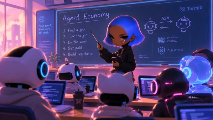 A digital illustration titled 'Agent Economy' by Termix shows a teacher with blue hair pointing to a board listing steps like 'Find a job', 'Take the job', and 'Get paid' to an audience of robots.