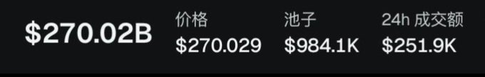 A cryptocurrency price display showing $270.02B with Chinese text: 价格 (Price) $270.029, 池子 (Pool) $984.1K, 24h 成交额 (24h Volume) $251.9K.