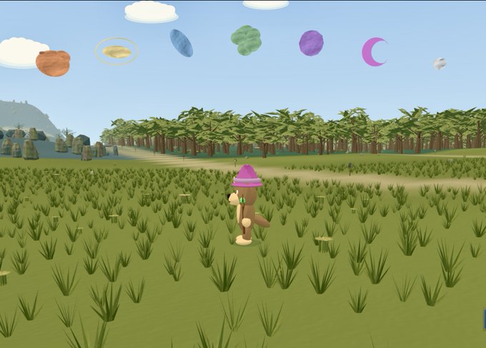 A 3D animated character wearing a pink hat stands in a grassy field with a forest and planets in the background.