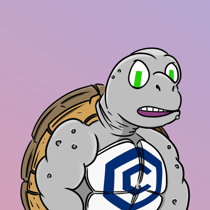 A muscular cartoon turtle with green eyes and a shell wears a white tank top featuring a blue hexagonal "C" logo (the Cronos/CRO symbol), illustrating the "2Turtle NFT" referenced in the post as being minted at turtleoncro.com/mint-turtle by 0xcc85a on the Cronos network.