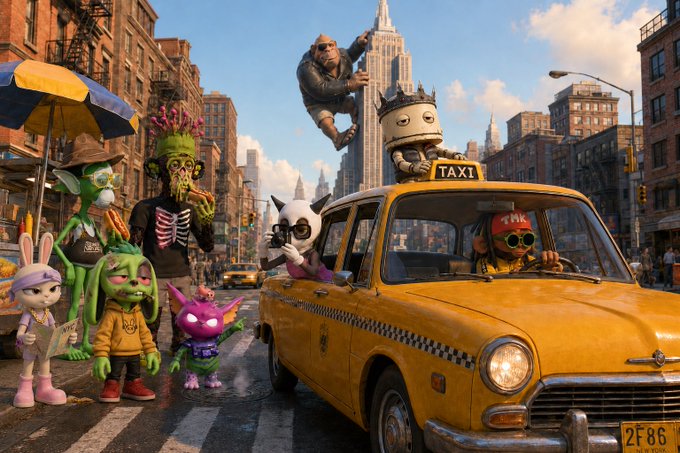 A vibrant street scene in New York featuring various cartoon characters including a pink bunny, green zombies, and a yellow NYC taxi driven by a character wearing a 'YLK' cap, with a giant monster near the Empire State Building.
