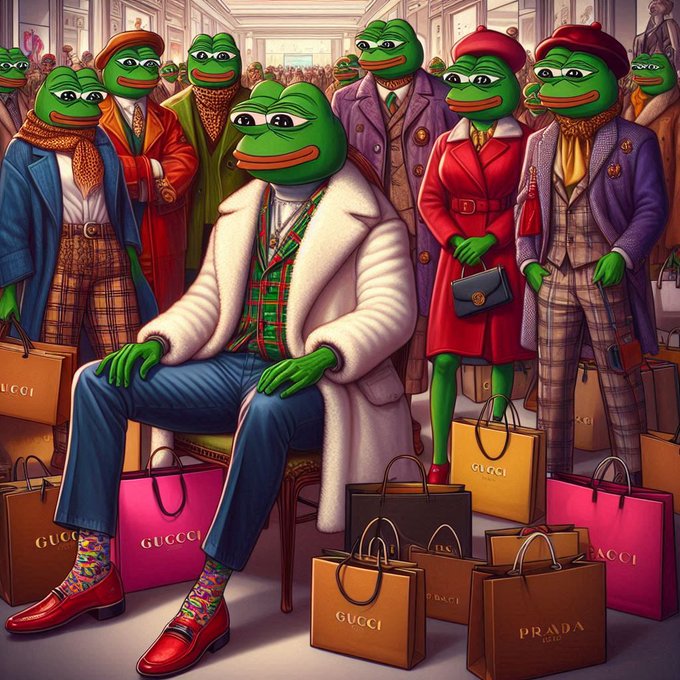 A surreal illustration of anthropomorphic green frogs dressed in high-fashion luxury clothing surrounded by numerous shopping bags branded with 'GUCCI' and 'PRADA'.