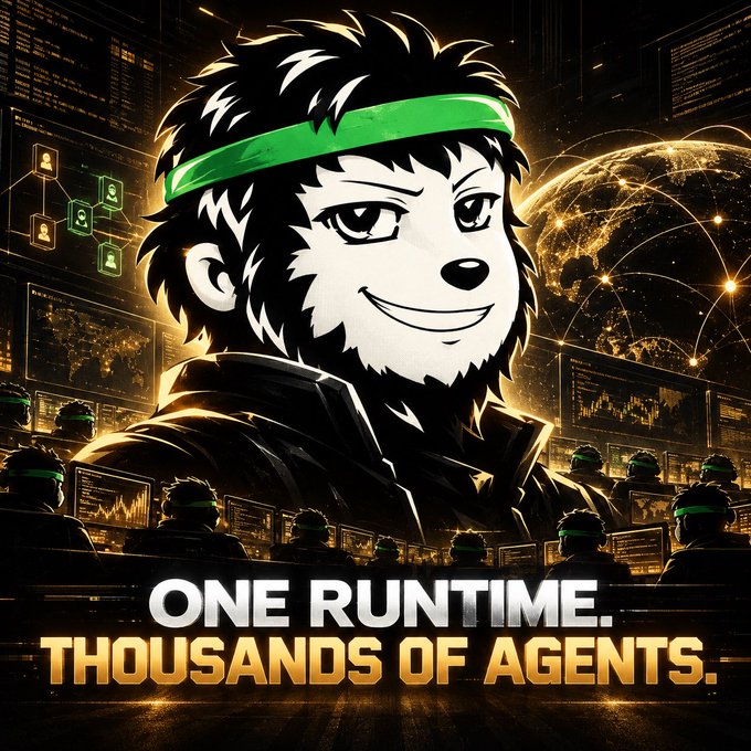 An anime-style illustration of a sloth character wearing a green headband, set against a digital/cyber background with screens and a globe, with text reading 'ONE RUNTIME. THOUSANDS OF AGENTS.'