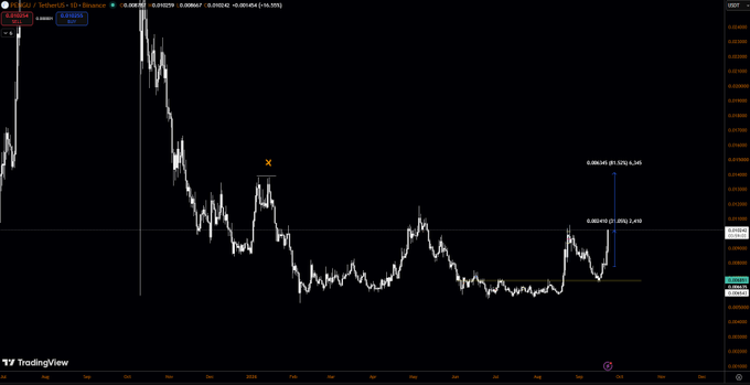 A TradingView chart of PENGU/USDT on Binance shows the price action with technical levels marked at 0.00449 (0.00%) and 0.00645 (61.50% above), suggesting the trade is approximately halfway to its first take-profit target of roughly 61.5% upside from the marked entry zone.