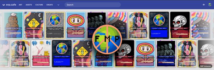 A screenshot of the "xtp.cafe" website displays a grid of various colorful digital art NFT collectibles, with a prominent circular logo featuring the letters "F M P" overlaid in the center.