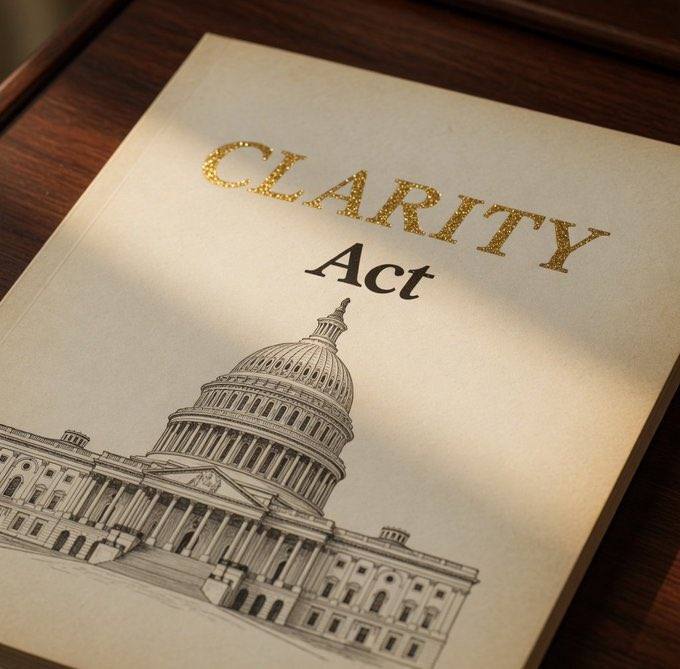 A document titled "CLARITY Act" featuring an illustration of the U.S. Capitol building lies on a wooden desk. The image visually represents the stalled legislation mentioned in the post, which failed to advance in the Senate by a 49–50 procedural vote.