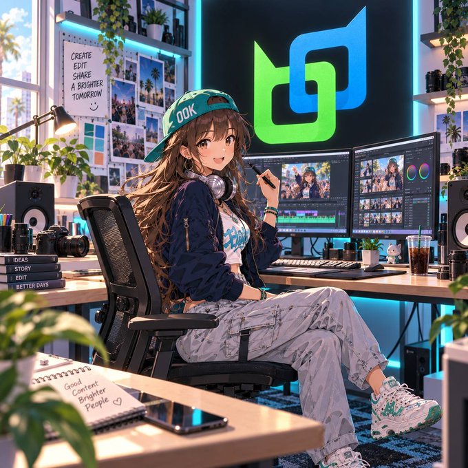 An anime-style illustration shows a girl wearing a teal cap and headphones sitting in a content creator's studio, surrounded by multiple monitors displaying video editing software, with a large green and blue logo on the wall behind her.