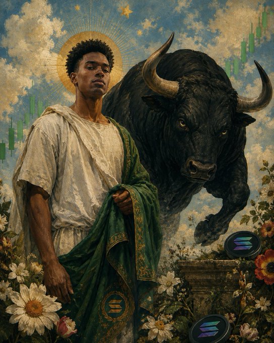Renaissance-style painting featuring a young man with a halo standing next to a black bull, with Solana (SOL) logos and green trading candlesticks overlaid on the image.