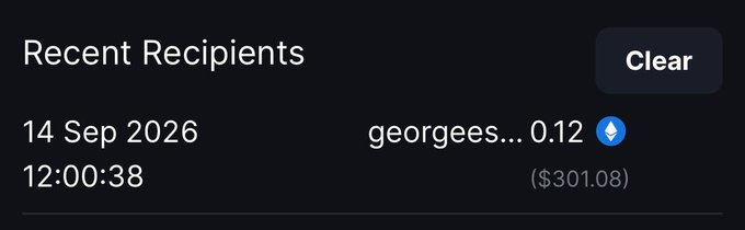 A "Recent Recipients" screen displays a transaction entry dated 14 Sep 2026 at 12:00:38, showing 0.12 ETH (worth $301.08) sent to "georgees..." (likely a truncated address beginning with "george"), tying into the post's friendly Monday greeting to someone named George.