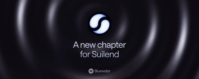 The image displays a dark promotional graphic featuring the Suilend logo and the text "A new chapter for Suilend" alongside the "Bluewater" branding, visually announcing the acquisition mentioned in the post about Bluefin app's takeover of Suilend Protocol on the Sui blockchain.