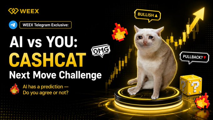 A WEEX Telegram promotional banner for the "AI vs YOU: CASHCAT Next Move Challenge," featuring a white cat (Cashcat) standing on a glowing platform alongside a candlestick chart showing a bullish upward trend, speech bubbles reading "BULLISH," "OMG," and "PULLBACK," plus pixelated Bitcoin icons, with the challenge inviting users to ask AI whether CASHCAT will continue moving higher.