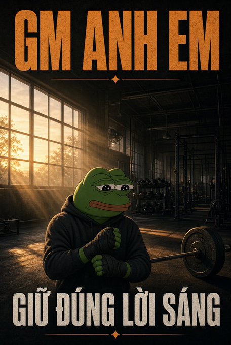 A Pepe the Frog meme image in a gym setting with Vietnamese text reading 'GM ANH EM' at the top and 'GIỮ ĐÚNG LỜI SÁNG' at the bottom, meaning 'Good morning brothers, keep your morning promise.'
