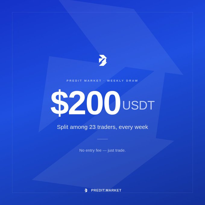 This image announces a weekly draw from Predit Market, offering $200 USDT split among 23 traders with no entry fee, encouraging trades.
