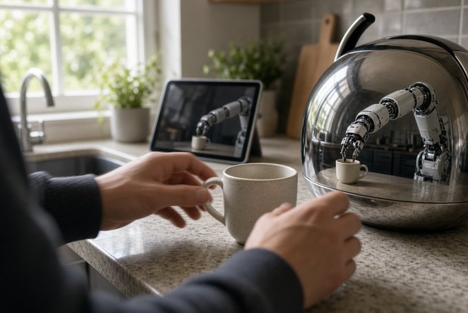 A person holds a white mug on a kitchen counter while a robotic arm inside a transparent dome pours coffee into another cup, with a tablet displaying the same scene in the background.