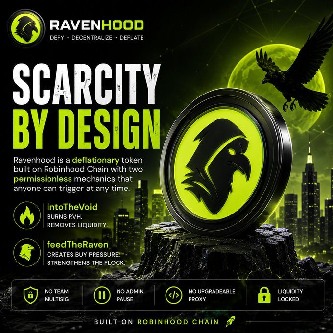 A promotional graphic for 'RAVENHOOD' cryptocurrency token built on Robinhood Chain, featuring the tagline 'SCARCITY BY DESIGN' and listing features like 'intoTheVoid' and 'feedTheRaven'.