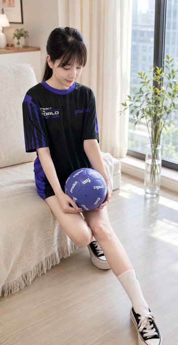 A young woman sitting by a window holding a blue ball, wearing a black and purple shirt and white knee-high socks.