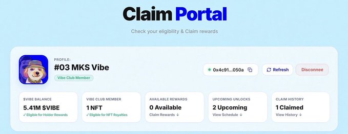 A "Claim Portal" dashboard interface for a user profile "#03 MKS Vibe" showing a Vibe balance of 5.41M $VIBE, 0 available rewards, 2 upcoming unlocks, and 1 claim in history, with a wallet address starting with 0x4c91...050a.
