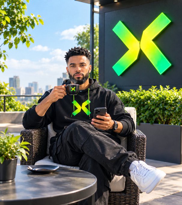 A man sitting on an outdoor patio holding a black mug with a green logo, wearing a black hoodie with a matching green "X" design, with a large illuminated green "X" sign behind him.