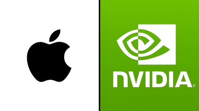 The image is split between the Apple logo (black on white) on the left and the NVIDIA logo with "NVIDIA" text (white on green) on the right. The post highlights GPU-powered projects like $Render, suggesting these tech giants represent the hardware backbone driving demand for AI and rendering-focused cryptocurrencies.