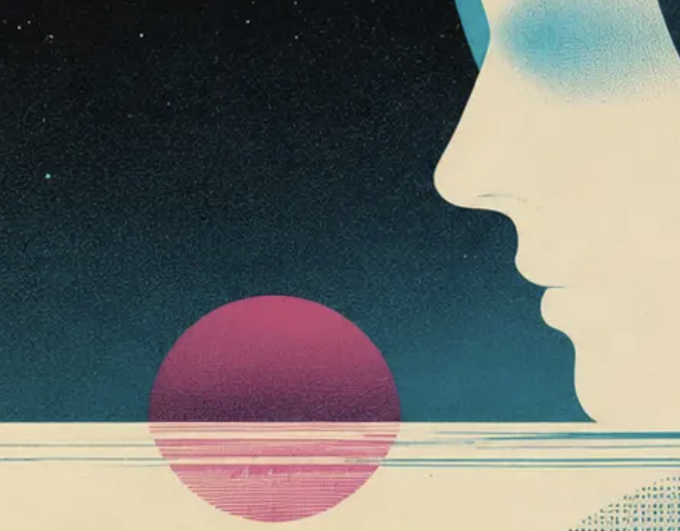A stylized retro-futuristic illustration shows a profile silhouette of a person gazing toward a vibrant pink sun setting over a serene horizon under a starry night sky. The dreamy, vaporwave aesthetic complements the post's speculative tone about a hidden connection between AIXBT's creator and the $UBIK account.
