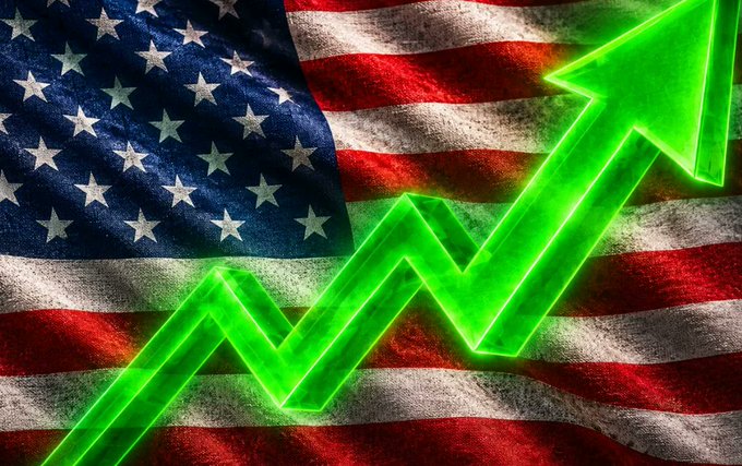 A bright green glowing upward-trending arrow overlays a textured American flag, symbolizing economic or stock market growth in the United States.