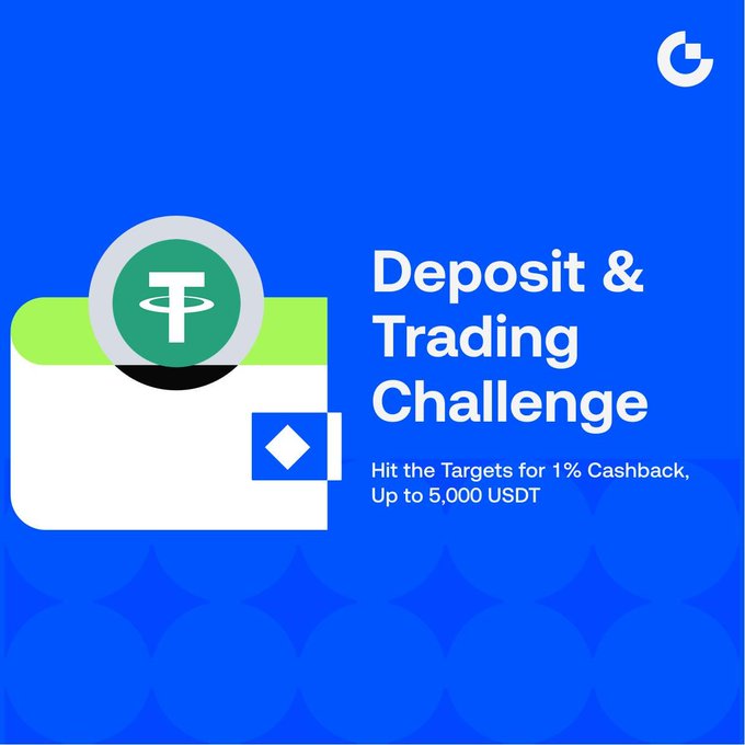 The image is a promotional banner for a "Deposit & Trading Challenge" offering 1% USDT cashback with rewards up to 5,000 USDT from a 100,000 USDT pool. It features a stylized wallet graphic with a Tether (USDT) coin on a blue background, accompanied by the "G" logo in the corner, visually reinforcing the post's call to deposit and trade for tiered USDT cashback rewards.