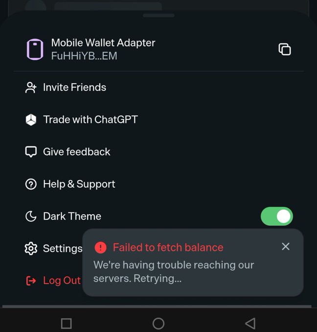 A mobile app settings menu showing options like Mobile Wallet Adapter, Invite Friends, and Dark Theme toggle, with an error notification stating 'Failed to fetch balance - We're having trouble reaching our servers. Retrying...'