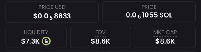 The image displays cryptocurrency trading statistics showing a token priced at $0.058633 USD or 0.01055 SOL, with $7.3K locked liquidity, $8.6K fully diluted valuation (FDV), and $8.6K market cap. The low liquidity and market cap figures visually represent an extremely early-stage micro-cap token, supporting the post's claim of potential 1000x-3000x returns typical of newly launched meme coins.