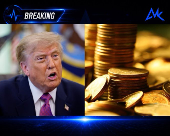 A breaking news graphic with the 'MK' logo showing a split screen of Donald Trump speaking on the left and stacks of gold coins on the right, with a blue glowing lower border.