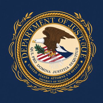 The Department of Justice seal representing the United States Attorney's Office, District of Nevada, displayed in connection to Brent Kovar's $24 million crypto Ponzi scheme conviction. The official emblem features an eagle with the inscription "QUI PRO DOMINA JUSTITIA SEQUITUR," signaling the federal prosecution behind the case.