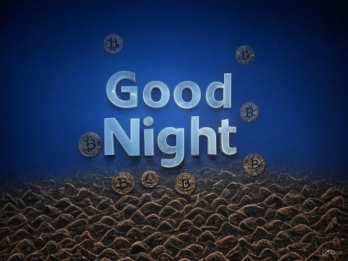 The image features the stylized text "Good Night" against a deep blue backdrop, surrounded by floating Bitcoin coins above a textured dark surface. This visual ties directly to the post's sentiment of closing out the day, with the cryptocurrency imagery suggesting a "night" for Bitcoin traders or the market.