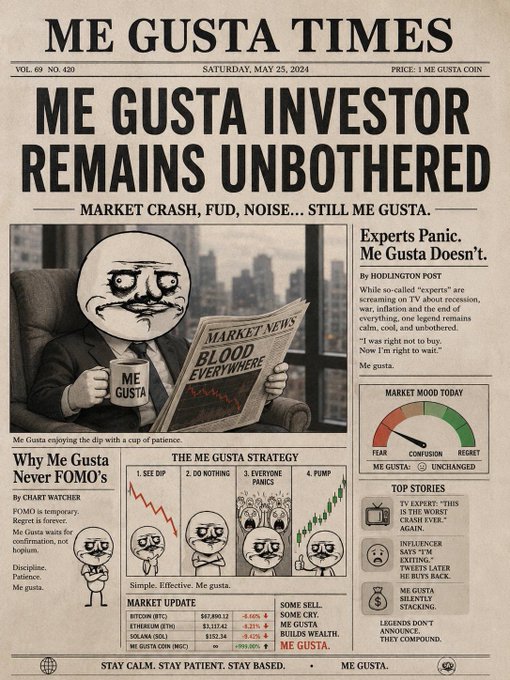 The image is a satirical newspaper called "ME GUSTA TIMES" (Vol. 69, No. 420, dated May 25, 2024) with the headline "ME GUSTA INVESTOR REMAINS UNBOTHERED," featuring a me gusta meme character sipping coffee while reading a paper declaring "BLOOD EVERYWHERE." The mock newspaper includes panels on "Why Me Gusta Never FOMO's," a market mood gauge, and fictional coin prices, all reinforcing the post's joke about the $MEGUSTA investor remaining unfazed while the broader market panics.