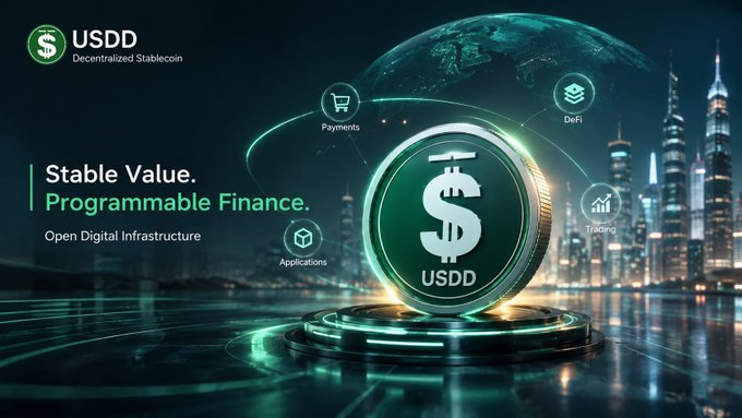 A promotional banner for USDD Decentralized Stablecoin showcasing its features with the tagline "Stable Value. Programmable Finance. Open Digital Infrastructure," highlighting Payments, DeFi, Applications, and Trading categories.