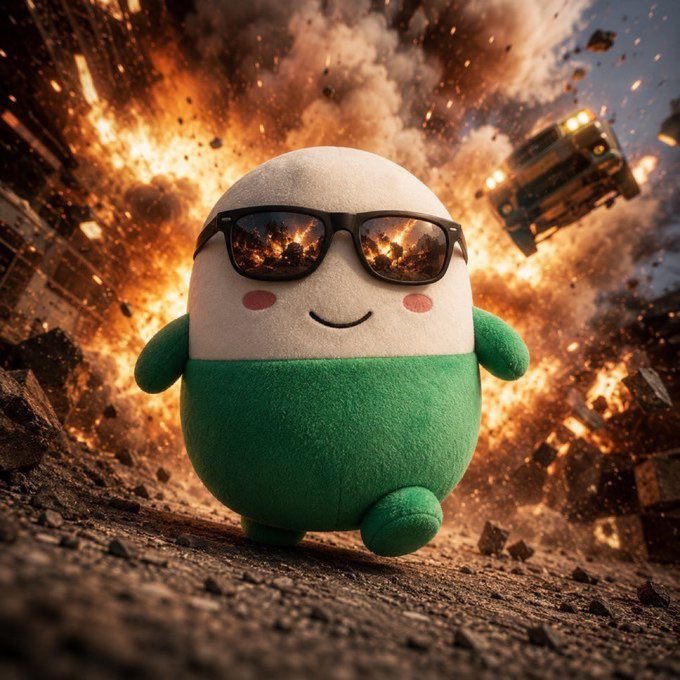 A small green and white plush character wearing sunglasses calmly stands in front of a massive fiery explosion with a truck flying through the air.
