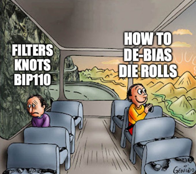A "Two Sides of the Bus" meme contrasts one passenger looking out at a bleak, rocky view labeled "FILTERS KNOTS BIP110" with a happy passenger gazing at a bright, scenic landscape labeled "HOW TO DE-BIAS DIE ROLLS," suggesting ColdCard's method offers a far superior experience for Bitcoin users compared to BIP110's filtering approach.