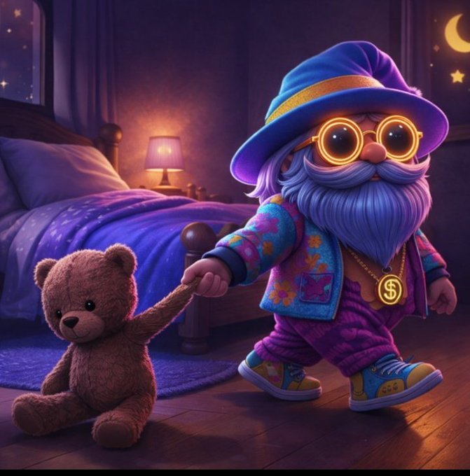 The image features a cartoon character, possibly a wizard or a gnome, wearing glasses and a hat with a teddy bear holding its paw up as if guiding it through a room at night. The caption reads "Good Night Legends How did today go? All I see is $STKR holding strong at 2million MCap. I'm at rest. Have a good one tonight." This post seems to be related to the cartoon character, possibly discussing their day or sharing some thoughts about the image.
