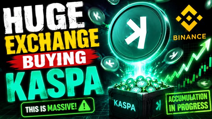 A bold promotional graphic reads "HUGE EXCHANGE BUYING KASPA - THIS IS MASSIVE!" and "ACCUMULATION IN PROGRESS" alongside the Binance logo, a chest overflowing with KAS coins, and an upward chart, visually reinforcing the post's claim that Binance may be the mysterious "Entity X" purchasing Kaspa (KAS).