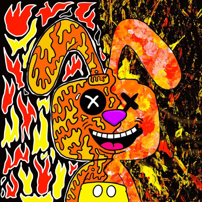 A vibrant, stylized cartoon rabbit with 'X' eyes, a wide toothy grin, and a purple nose is depicted against a fiery background with flame patterns and floral elements.