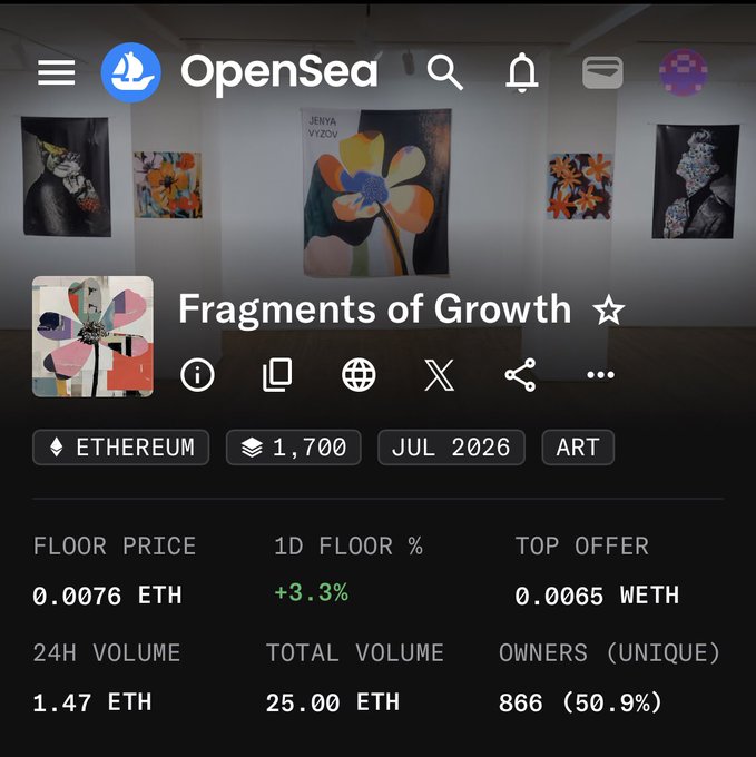An OpenSea NFT collection page showing 'Fragments of Growth' by JEWA VIZOV on Ethereum with 1,700 items, July 2026, Art category, floor price 0.0076 ETH, 1D floor +3.3%, top offer 0.0065 WETH, 24H volume 1.47 ETH, total volume 25.00 ETH, and 866 unique owners (50.9%).