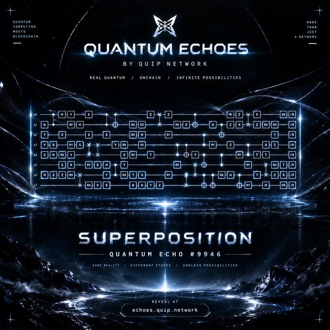 A dark, futuristic promotional graphic for "Quantum Echoes by Quip Network" featuring a glowing blue quantum circuit diagram with labeled gates (H, X, Y, Z, M, S, T, RX), tagged as "Superposition - Quantum Echo #9946" with the tagline "Same Reality / Different States / Endless Possibilities," linking the concept of quantum superposition to the project's on-chain infrastructure narrative.